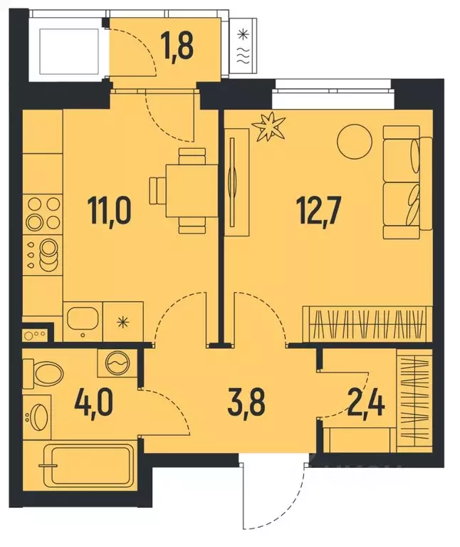 1-к кв. Пермский край, Пермь Ераничи мкр,  (34.8 м) - Фото 1