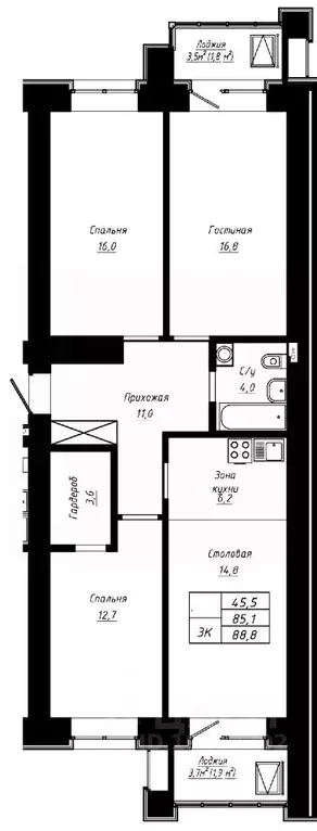 3-к кв. Алтайский край, Барнаул ул. Сухэ-Батора, 39 (88.8 м) - Фото 1