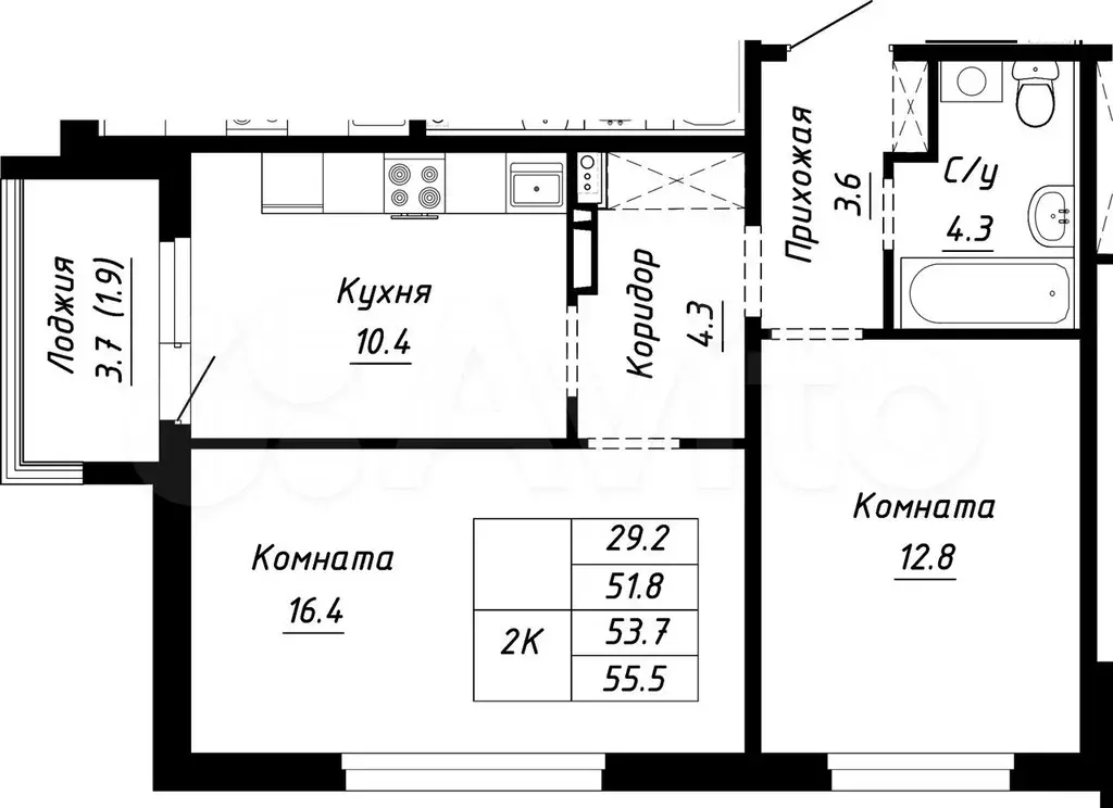 2-к. квартира, 55,5 м, 3/10 эт. - Фото 1