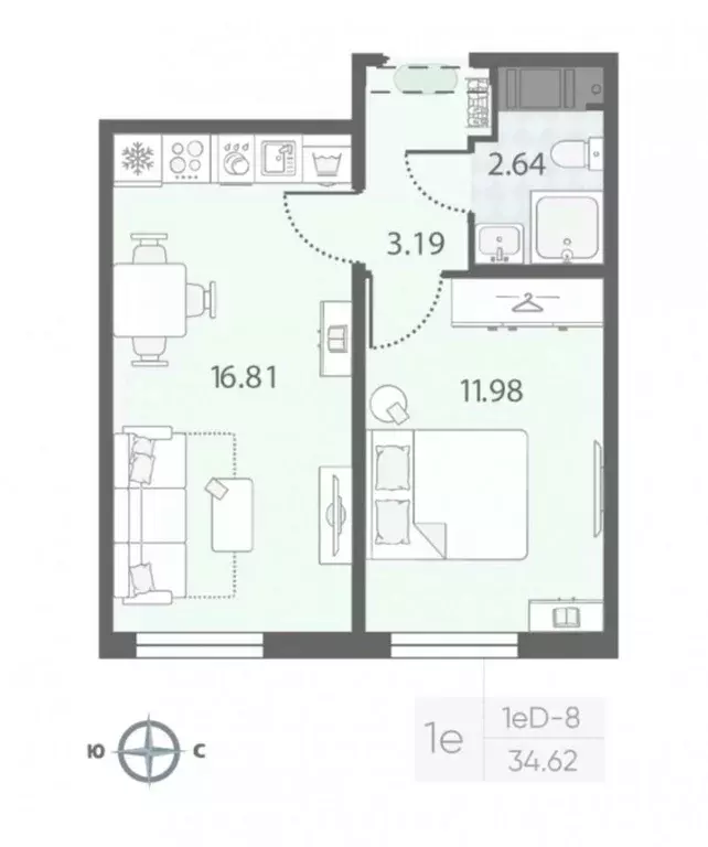 2-к кв. Санкт-Петербург ул. Маршала Казакова, 21к2Д (34.5 м) - Фото 2