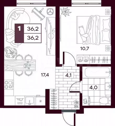 1-к. квартира, 36,2 м, 11/14 эт. - Фото 0