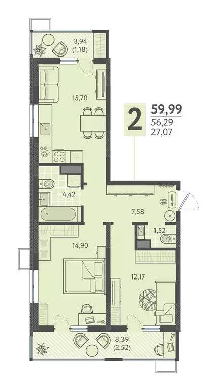 2-комнатная квартира: Краснодар, ЖК Тёплые Края (59.99 м) - Фото 1