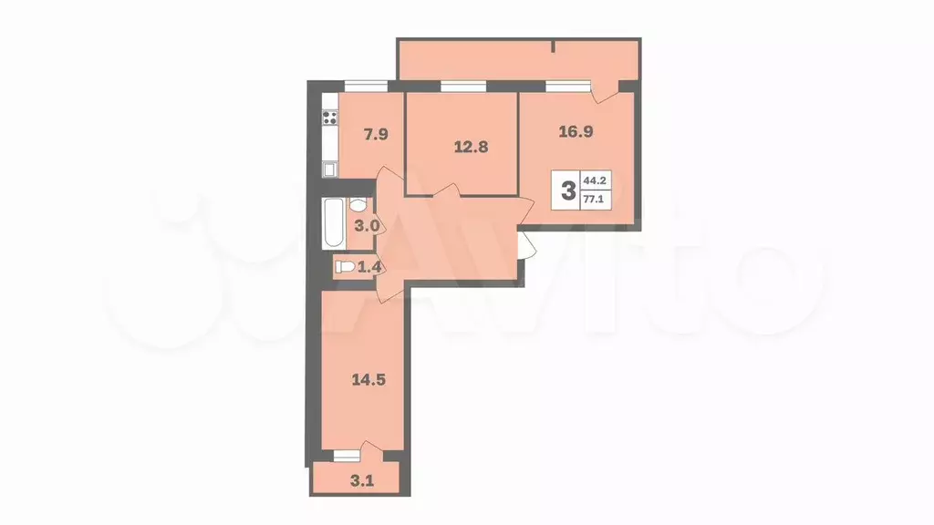 3-к. квартира, 77,1 м, 9/12 эт. - Фото 0