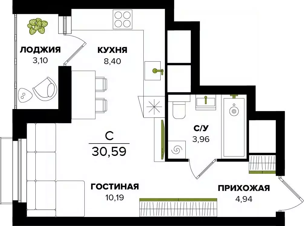Студия Тульская область, Тула  (30.59 м) - Фото 0