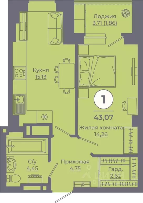 1-к кв. Ростовская область, Ростов-на-Дону ул. Еременко, 115 (42.95 м) - Фото 0