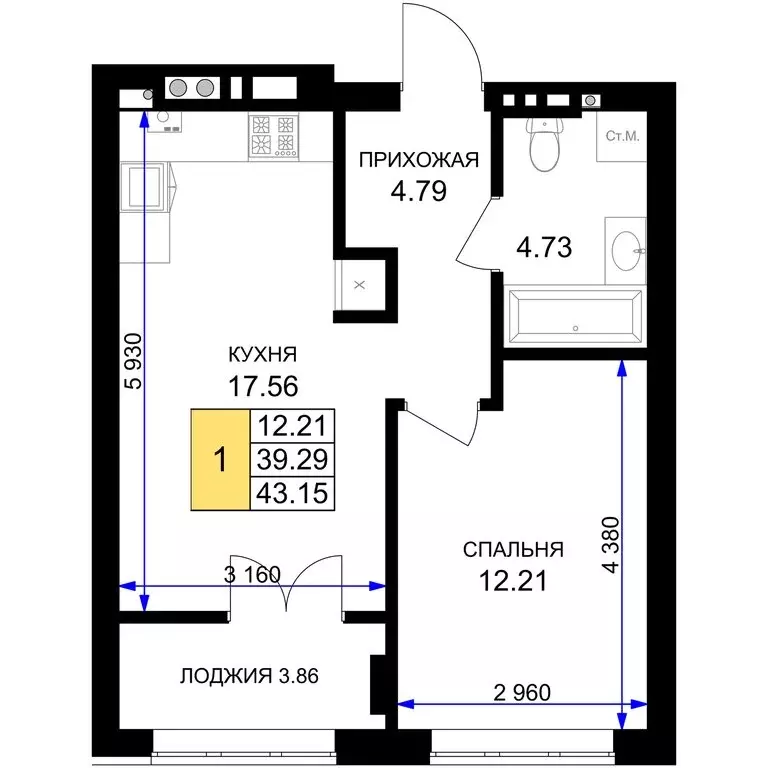 1-комнатная квартира: Гурьевск, жилой комплекс Включи (43.15 м) - Фото 1