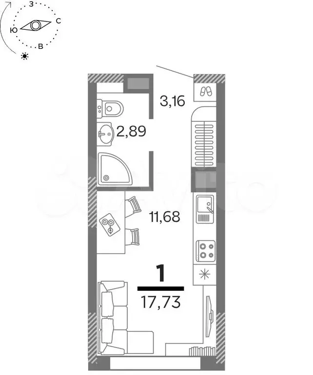 1-к. квартира, 17,7 м, 9/16 эт. - Фото 0