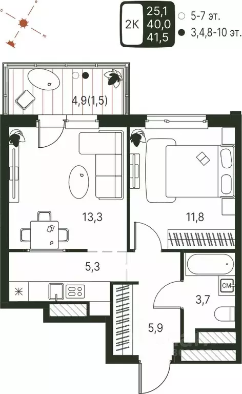 Студия Пермский край, Пермь ул. Серебристая, 1 (41.5 м) - Фото 1