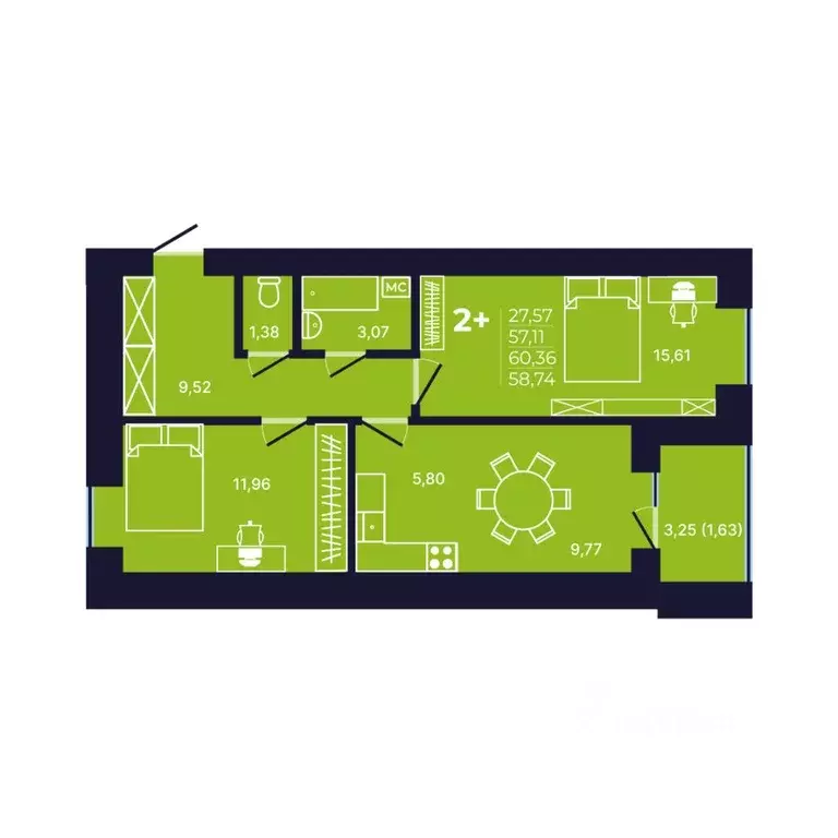 2-к кв. Башкортостан, Уфа ул. Михаила Зайцева, 6 (58.9 м) - Фото 1