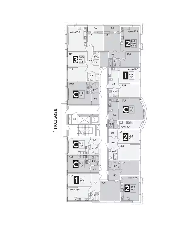 Студия Краснодарский край, Краснодар Самолет-6 жилой комплекс (35.2 м) - Фото 2