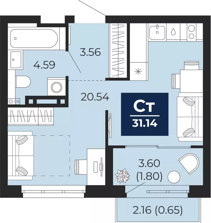 Квартира-студия: Тюмень, Камчатская улица, 107к1 (34.45 м) - Фото 1