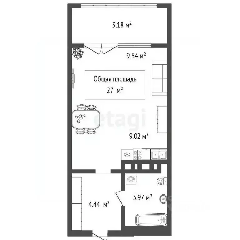 Студия Новосибирская область, Новосибирск Закаменский мкр, 21 (27.0 м) - Фото 2