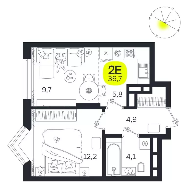 2-комнатная квартира: Екатеринбург, улица Титова, 19Б (36.7 м) - Фото 0