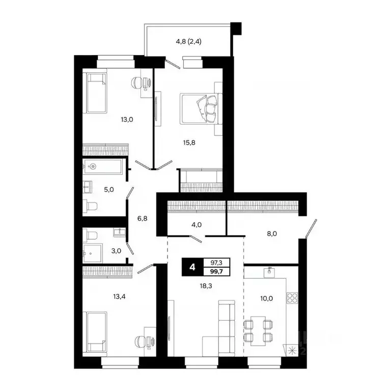 4-к кв. Новосибирская область, Кольцово рп, 5-й мкр  (99.7 м) - Фото 1