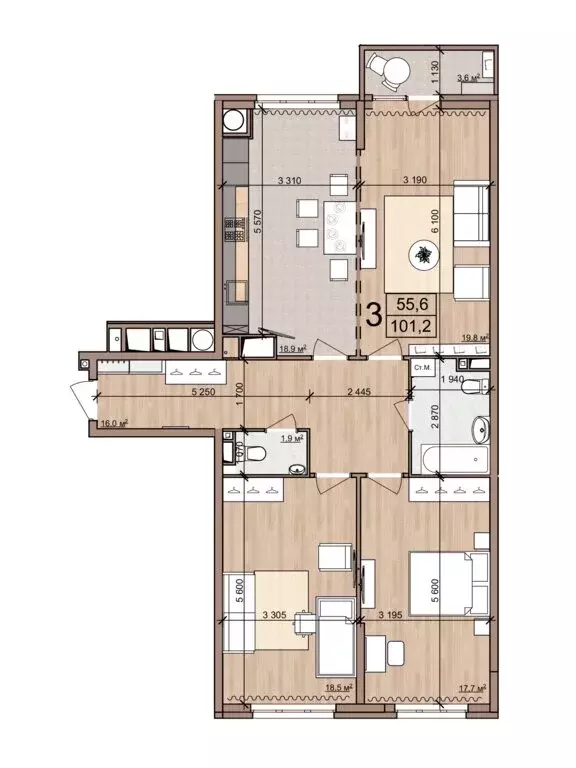 3-комнатная квартира: Рязань, Быстрецкая улица, 18к2 (101.2 м) - Фото 0