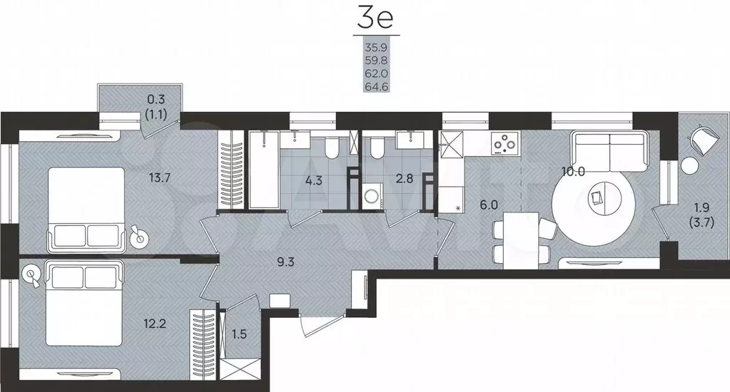 3-к. квартира, 62 м, 4/8 эт. - Фото 0