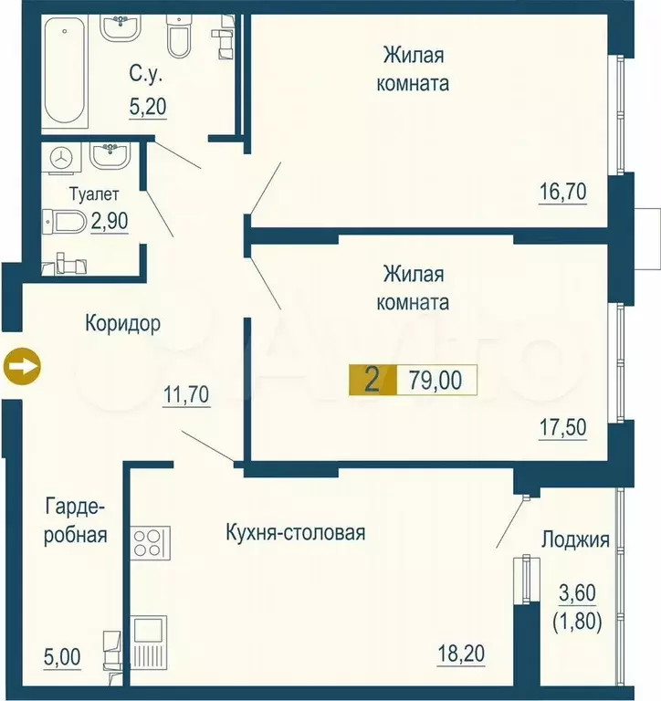 2-к. квартира, 80,8 м, 4/16 эт. - Фото 0