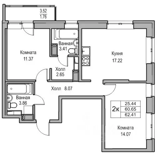 2-к кв. Санкт-Петербург ул. Ивинская, 1к1 (60.65 м) - Фото 0