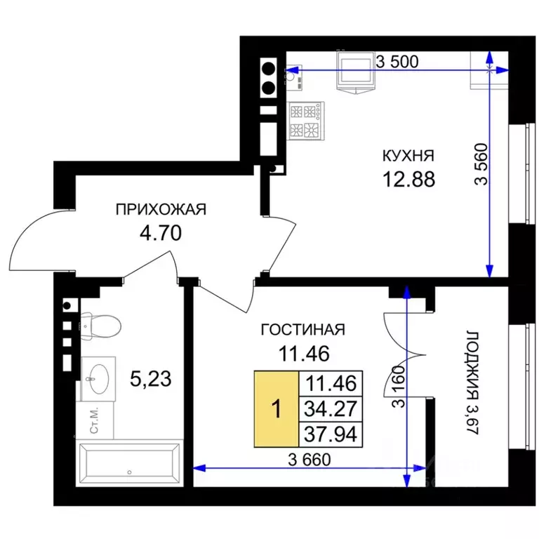 1-к кв. Калининградская область, Гурьевск Включи жилой комплекс (37.94 ... - Фото 0