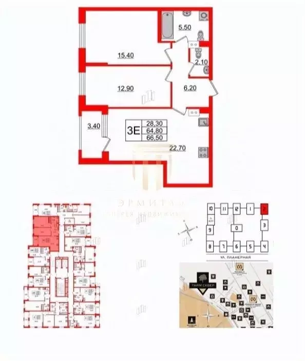 3-к кв. Санкт-Петербург Планерная ул., 99 (66.5 м) - Фото 1