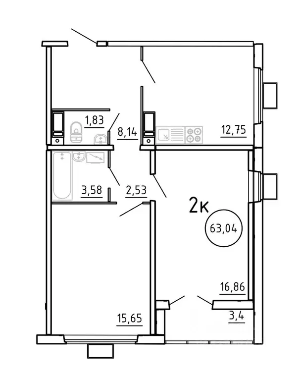 2-к кв. Челябинская область, Челябинск ул. Блюхера, 2.3.1 (63.04 м) - Фото 1