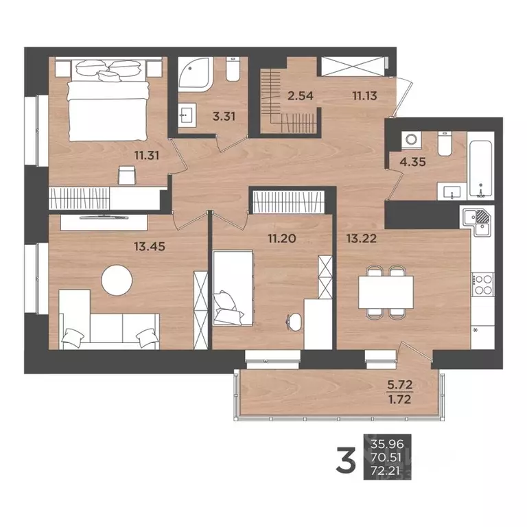 3-к кв. Пермский край, Пермь ул. Космонавта Леонова, 41к3 (72.23 м) - Фото 1