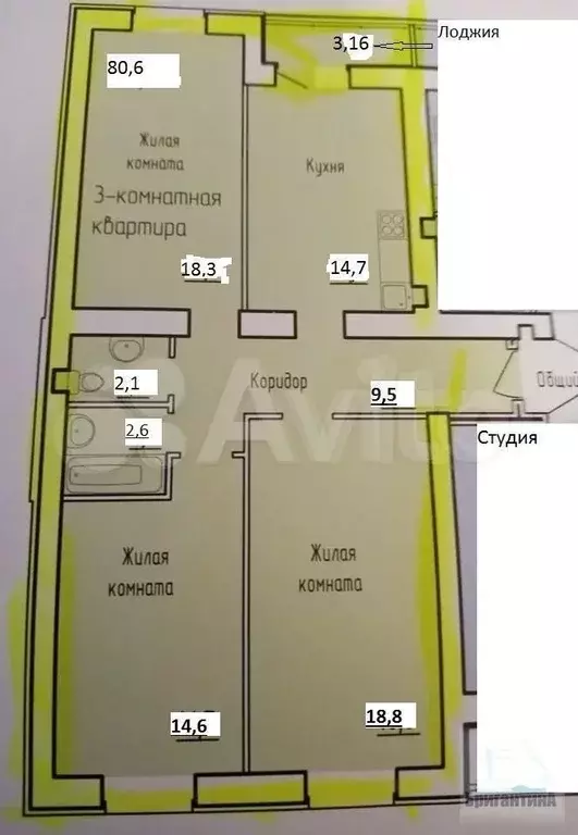3-к. квартира, 83,7 м, 9/9 эт. - Фото 0