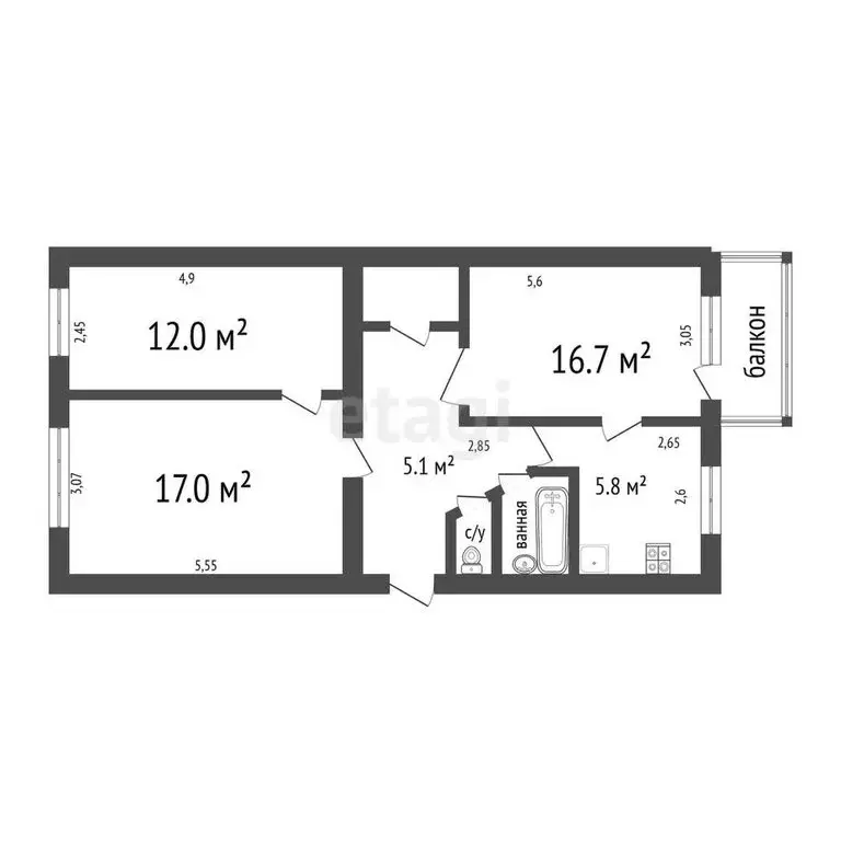 3-комнатная квартира: Ульяновск, Оренбургская улица, 34 (59.7 м) - Фото 0