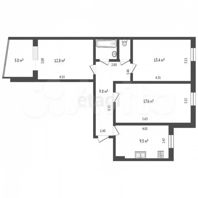 3-к. квартира, 66,8 м, 5/9 эт. - Фото 0