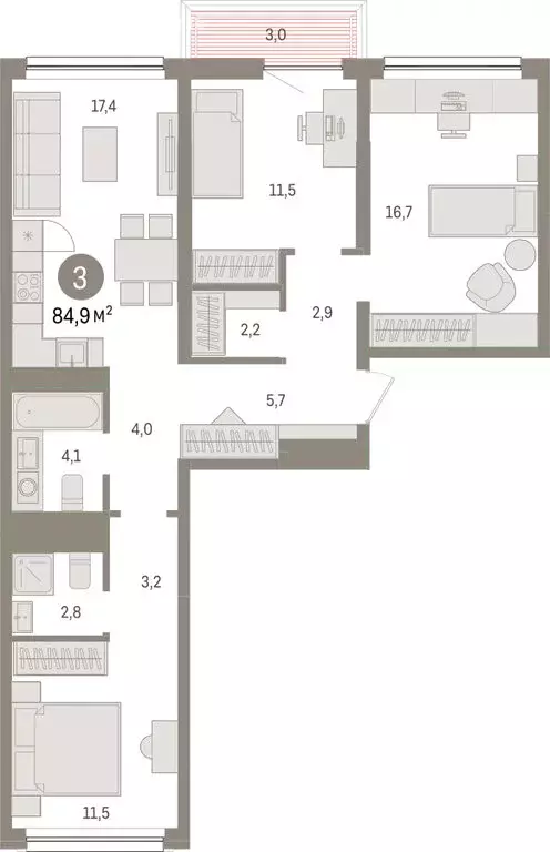 3-комнатная квартира: Тюмень, Мысовская улица, 26к1 (84.92 м) - Фото 1