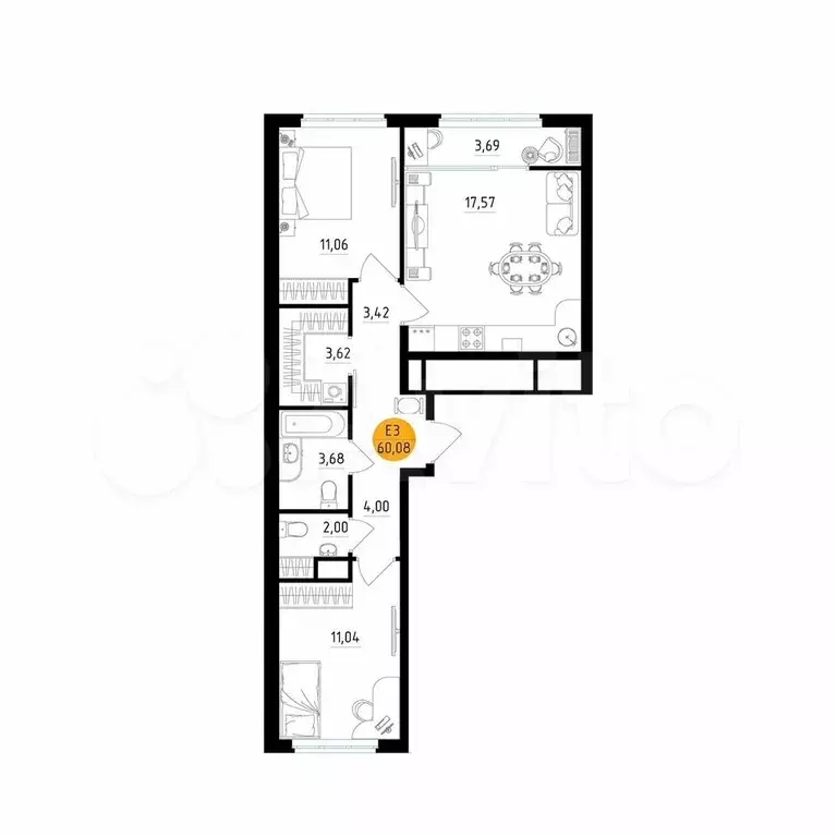 2-к. квартира, 60,1 м, 11/25 эт. - Фото 1