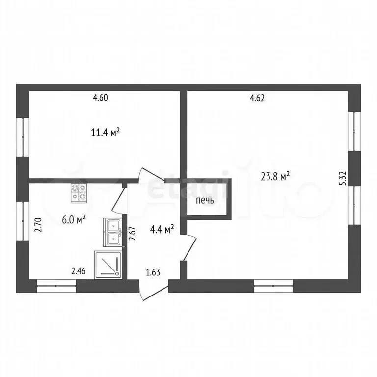 2-к. квартира, 45,6 м, 1/1 эт. - Фото 0