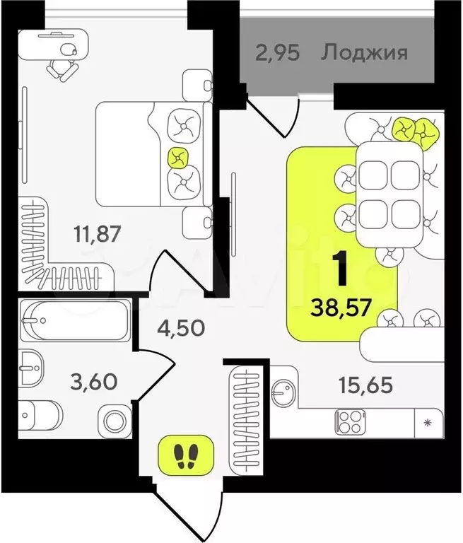 1-к. квартира, 38,6 м, 13/19 эт. - Фото 1