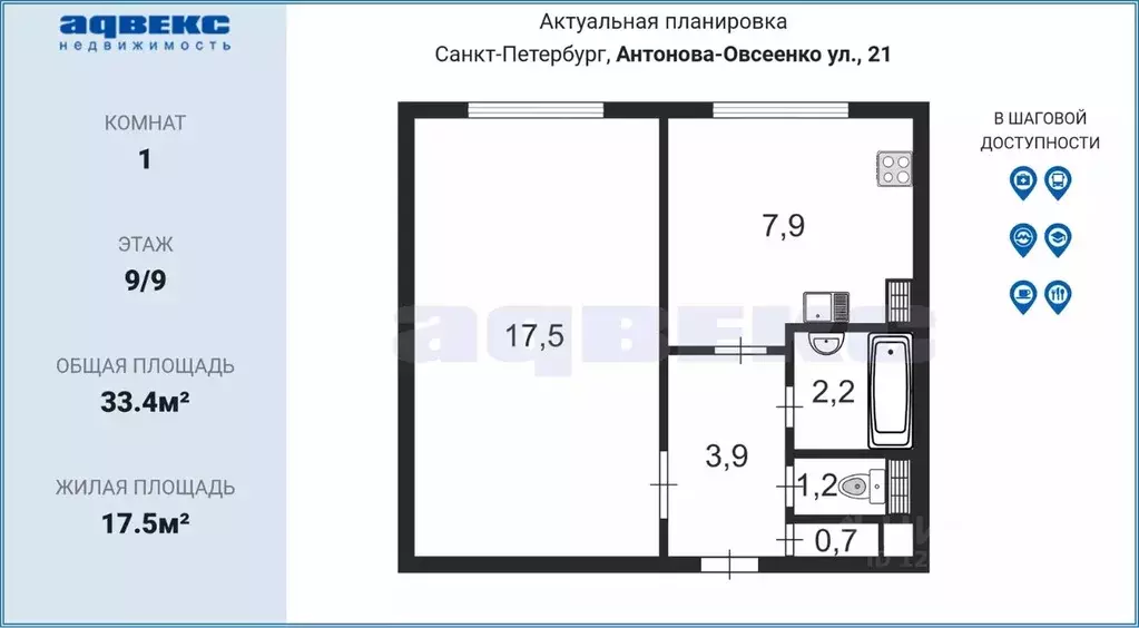 1-к кв. Санкт-Петербург ул. Антонова-Овсеенко, 21 (33.4 м) - Фото 1