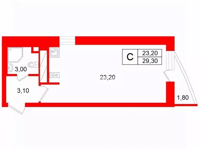 Студия Санкт-Петербург ул. Катерников, 7 (29.3 м) - Фото 2