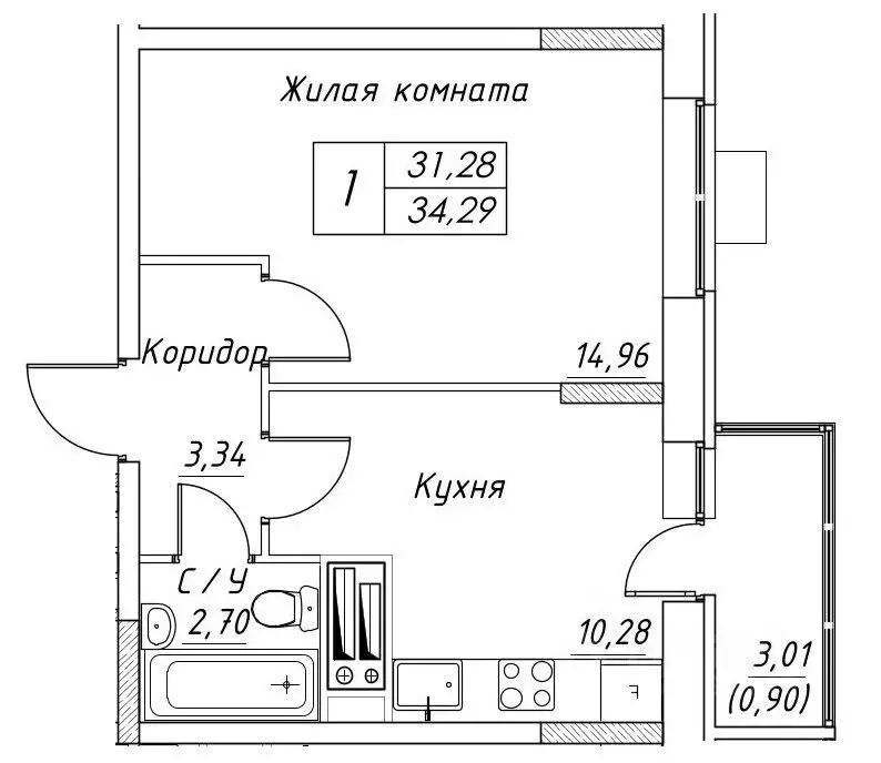 1-к кв. Московская область, Дмитров  (34.29 м) - Фото 0