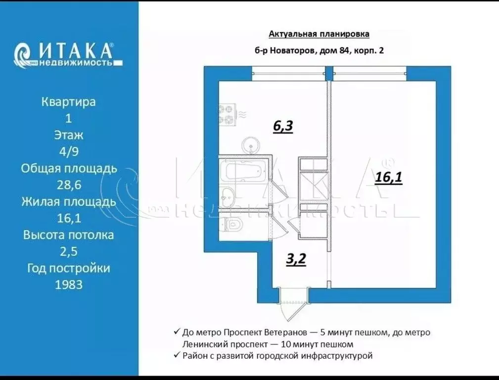 1-к кв. Санкт-Петербург бул. Новаторов, 84К2 (28.6 м) - Фото 2