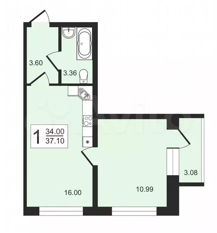 1-к. квартира, 37,1 м, 2/3 эт. - Фото 0