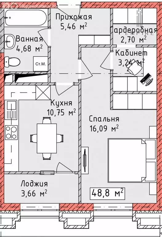 1-комнатная квартира: Грозный, улица Э.Э. Исмаилова, 8 (46.29 м) - Фото 1