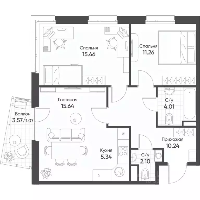 3-к кв. Татарстан, Казань Счастье в Казани жилой комплекс (65.1 м) - Фото 1