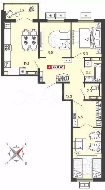 3-к. квартира, 75 м, 11/16 эт. - Фото 0