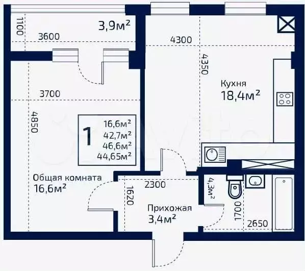 2-к. квартира, 59,3 м, 4/9 эт. - Фото 0