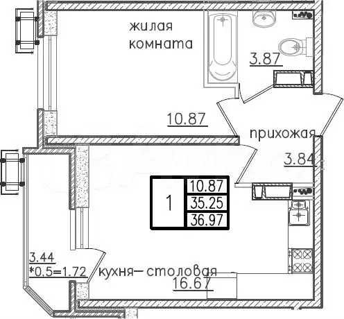 1-к. квартира, 35,3 м, 16/23 эт. - Фото 0