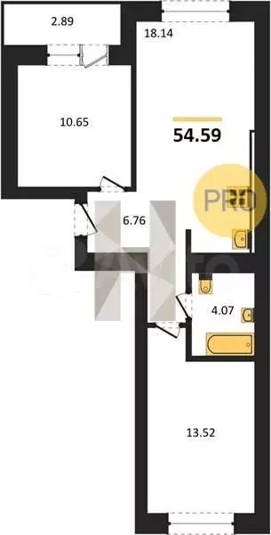 2-к. квартира, 54,6 м, 1/9 эт. - Фото 1