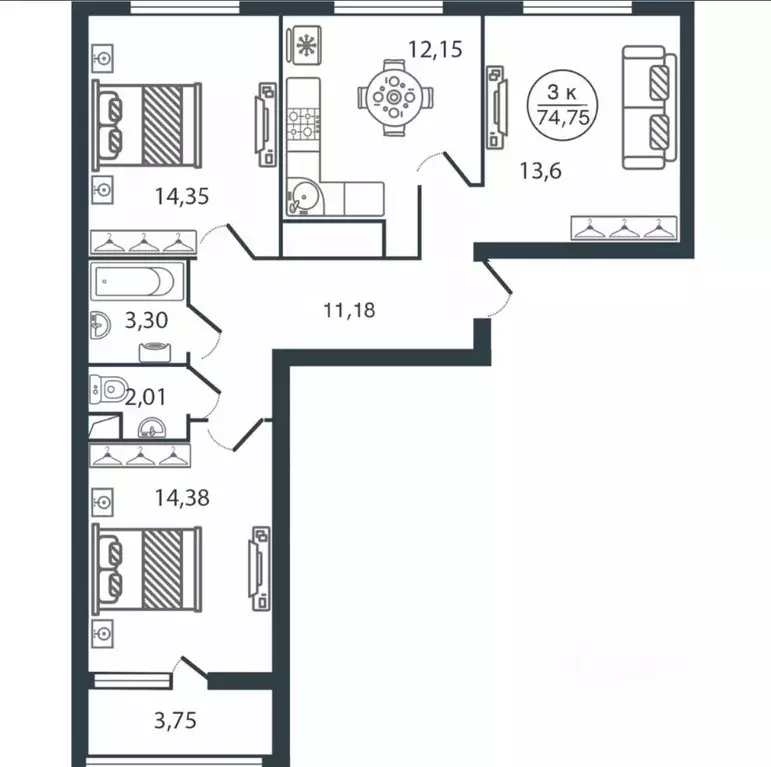 3-к кв. Тверская область, Тверь ул. Левитана, 72Б (75.0 м) - Фото 1