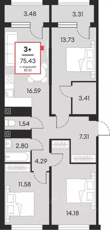3-к кв. Ханты-Мансийский АО, Нефтеюганск ул. Нефтяников, 48А (75.43 м) - Фото 1
