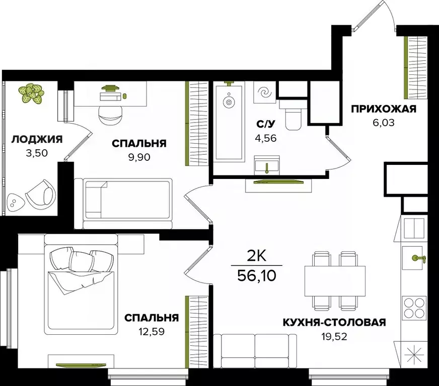 2-к кв. Тульская область, Тула  (56.1 м) - Фото 0