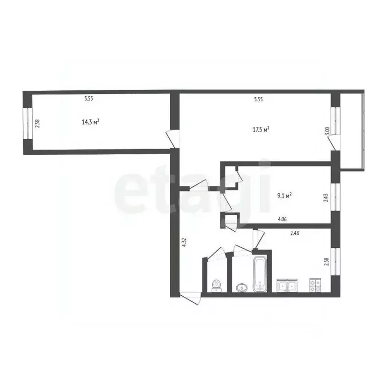 3-к кв. Тюменская область, Тюмень ул. Серова, 19 (58.1 м) - Фото 2