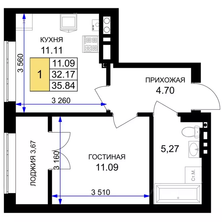 1-к кв. Калининградская область, Гурьевск Включи жилой комплекс (35.84 ... - Фото 0