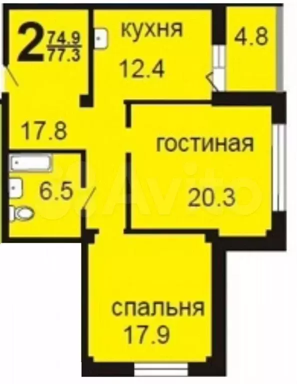 2-к. квартира, 74,4 м, 15/22 эт. - Фото 0